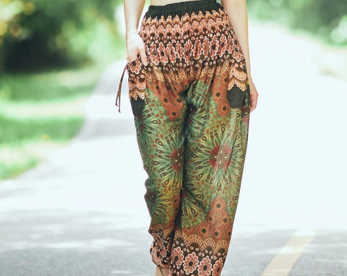 Green Mandala Harem Pants: Smocked Waist Rayon Yoga Trousers
