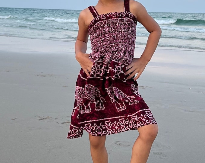 Burgundy Elephant Print Rayon Dress: Boho Toddler Girl Summer Outfit