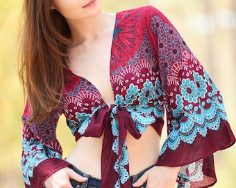 Handmade Rayon Wrap Top: Boho Bell Sleeve Blouse