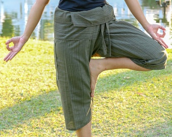 Women Olive Green Yoga Pants Thai Fisherman Style Trousers - Beach Capri Pant Girls - Baggy Harem Pants for Women Hippie Shorts