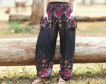 Schwarze Boho Hose für Frauen Fließende Yoga Hose - S bis Plus Größen Haremshose - Lange Thai Hose - Baggy Sommer Hose für Strand