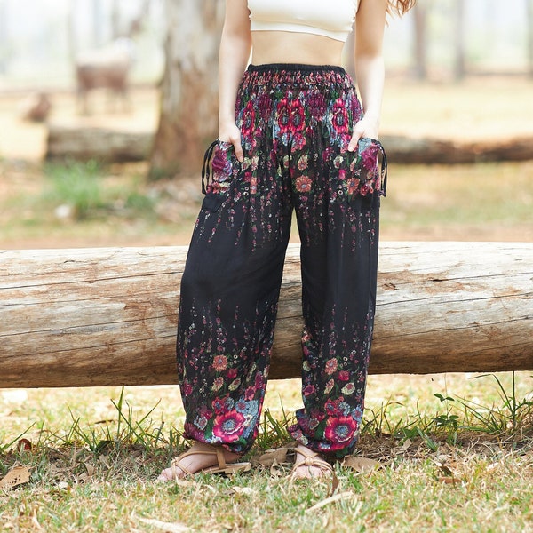 Black Boho Pants for Women Flowy Yoga Pants - Small to Plus Sizes Harem Pants - Long Thai Pants - Baggy Summer Pants for Beach