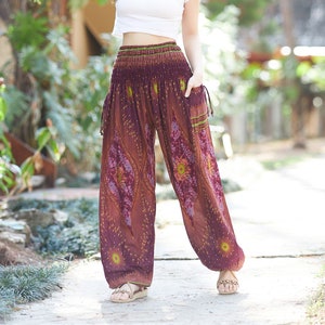 BOHO HAREM PANTS Women Lounge Flowy Yoga Pants Hippie Festival Pants With  Pockets Floral Baggy Genie Pants 