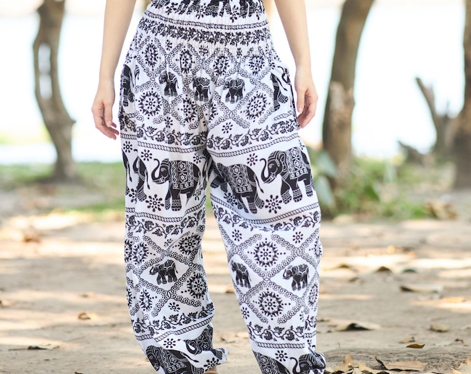 White Black Elephant Harem Pants Women - Lightweight Smocked Waist Yoga Pants - Boho Hippie Trousers - S-XXL - 2 Pockets and Elastic Ankles