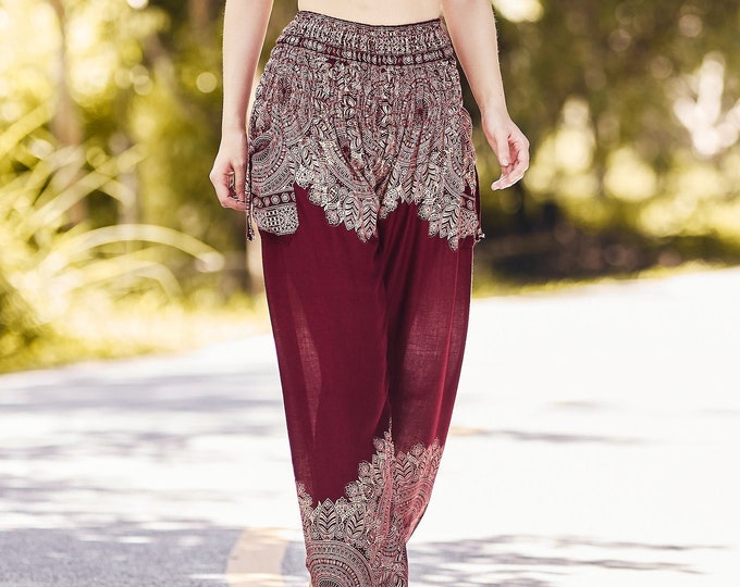 Burgundy Mandala Harem Pants: Boho Rayon Flowy Yoga Trousers
