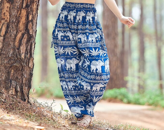 Blue Elephant Harem Pants: Rayon Boho Yoga Trousers with Pockets