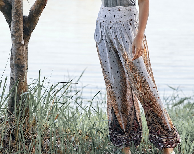 White Peacock Harem Pants: Flowy Rayon Boho Lounge Pants