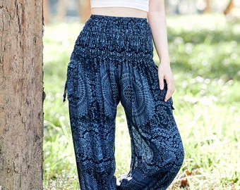 Black & Blue Rose Harem Pants: Boho Festival Rayon Trousers