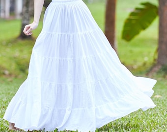 WOMENS WHITE LONG Cotton Ruffle Skirt - Full Circle Long Maxi Skirt - Comfortable Elastic Waist - Bohemian Skirt - Flowy Handmade Dress
