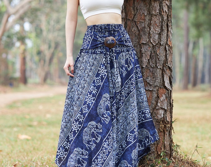 Elephant Print Rayon Maxi Skirt: Boho High Waisted Summer Skirt