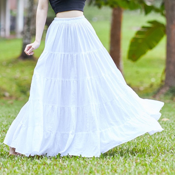 WOMENS WHITE LONG Cotton Ruffle Skirt - Full Circle Long Maxi Skirt - Comfortable Elastic Waist - Bohemian Skirt - Flowy Handmade Dress