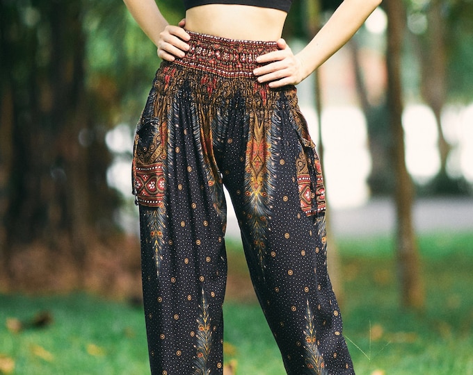 Black Peacock Harem Pants Women Boho Yoga Pants - Flowy Hippie Clothes - Bohemian Hippy Clothes for Lounge and Sleepwear - Fall Clothing