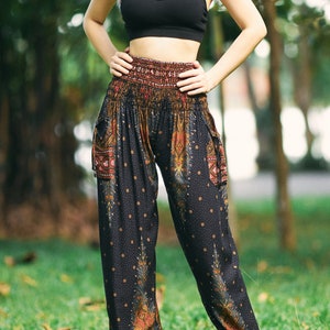 BLACK PEACOCK HAREM Pants Women's Boho Yoga Pants - Flowy Hippie Trousers - Bohemian Hippy Clothes - Genie Balloon Pants Fall Clothing