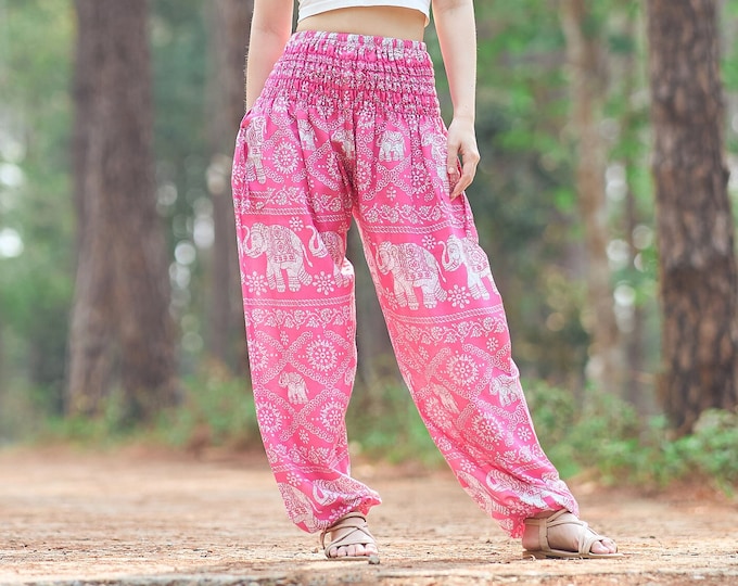 Pink Elephant Harem Pants: Boho Yoga Loungewear with Pockets