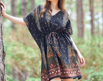 Rayon Boho Kaftan Top: Bohemian Tunic Dress, Swimsuit Cover-Up