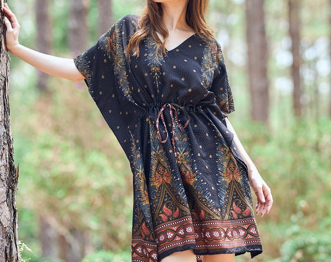 Rayon Boho Kaftan Top: Bohemian Tunic Dress, Swimsuit Cover-Up