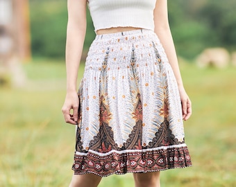 High Waisted Rayon Skater Skirt: Peacock Print Boho Mini