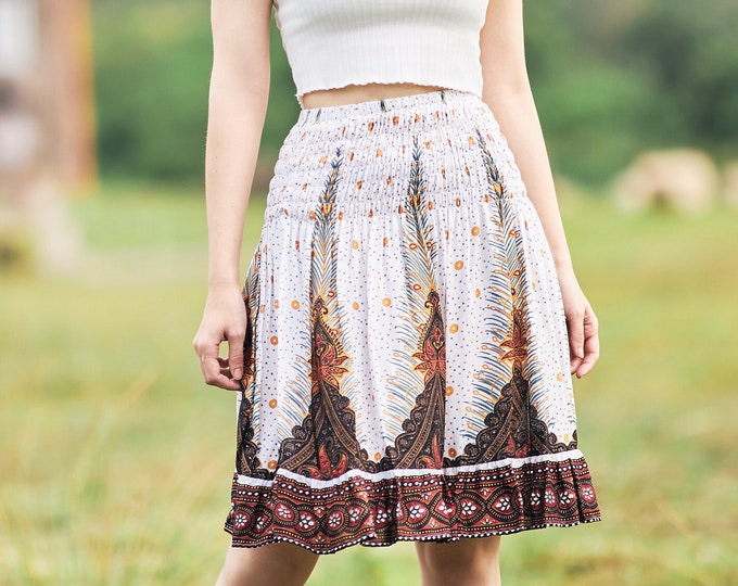 High Waisted Rayon Skater Skirt: Peacock Print Boho Mini