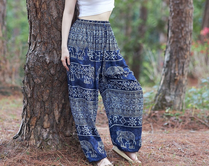 Elephant Print Harem Pants: Dark Blue Boho Hippie Rayon Trousers