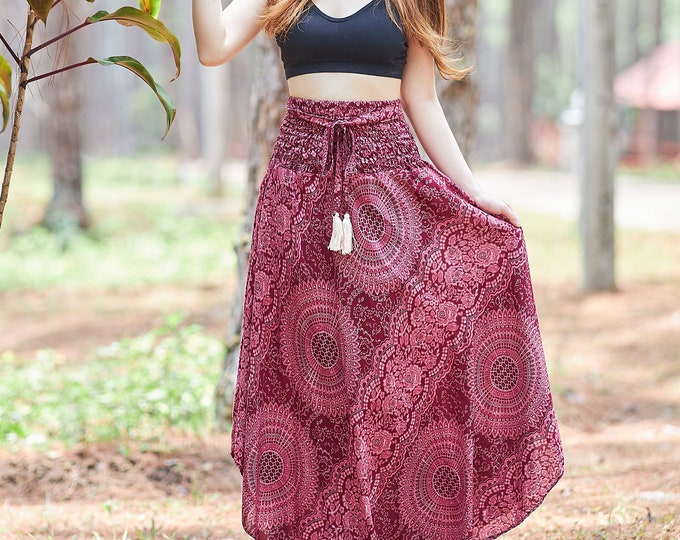Handmade Rayon Maxi Skirt: Burgundy Boho Hippie Style