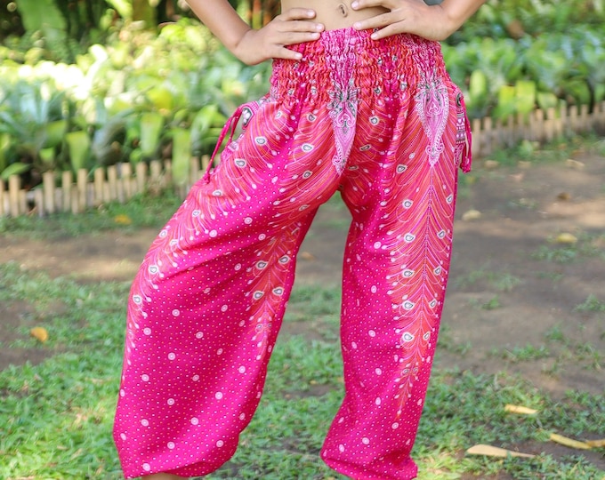 Girls Pink Harem Pants: Lightweight Rayon Thai Peacock Trousers