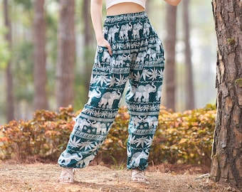 Teal Elephant Harem Pants: Boho Yoga Lounge Wear with Pockets