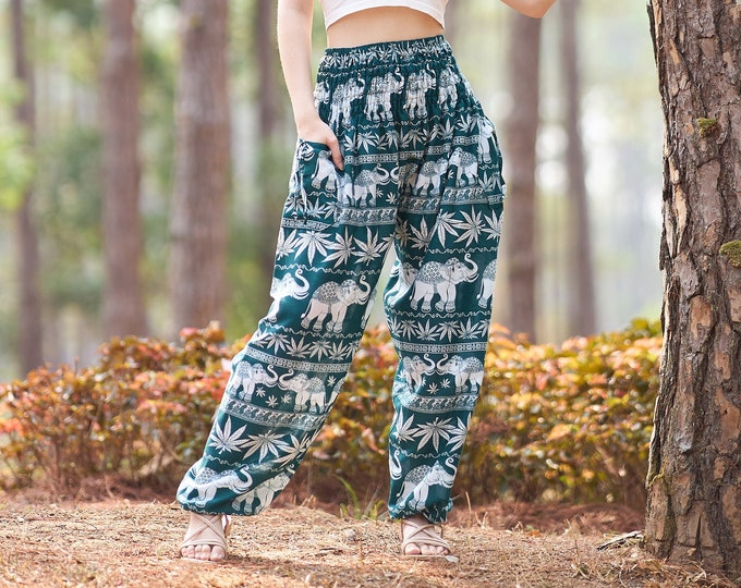 Teal Elephant Harem Pants: Boho Yoga Lounge Wear with Pockets