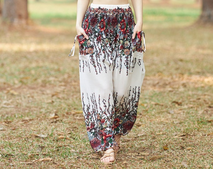 White Floral Harem Pants: Rayon Boho Yoga Trousers