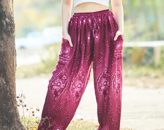 Floral Harem Pants Women – Red Boho Pants – Smocked Waist Drawstring – Rayon Festival Trousers – Elastic Ankles – 2 Pockets