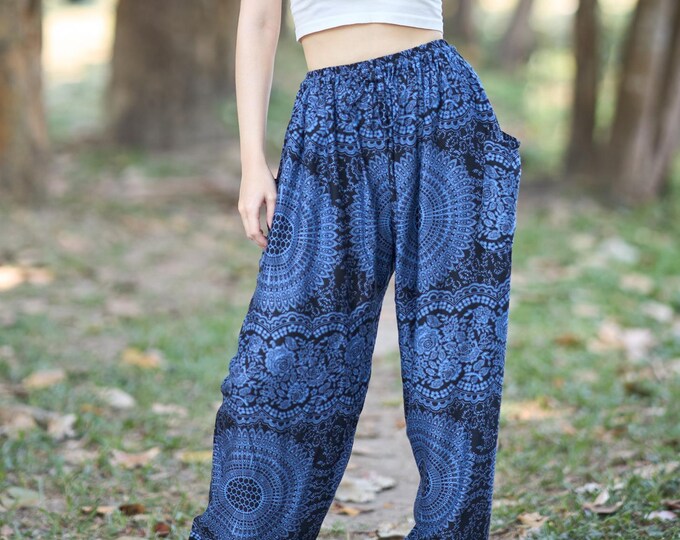 Boho Hippie Pants - Dark Blue Rose Floral Harem Pants Women – Drawstring Waist – Lightweight Rayon Trousers – Elastic Ankles – 2 Pockets