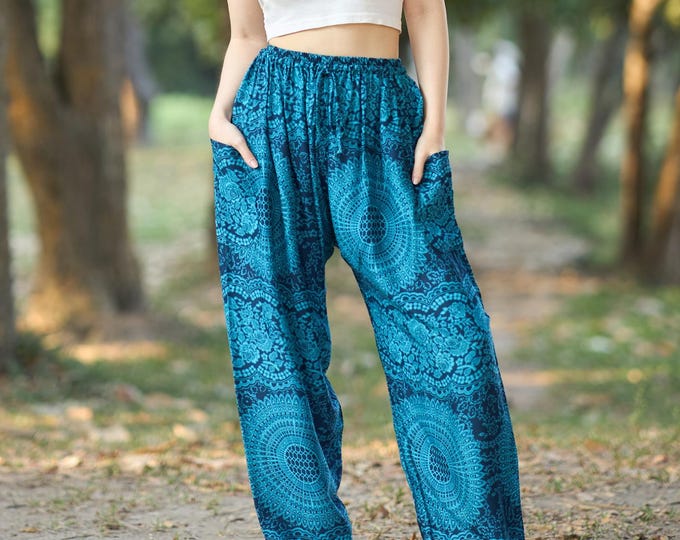 Teal Boho Pants Women – Womens Floral Harem Pants – Drawstring Waist – Soft Rayon Hippie Trousers – Elastic Ankles – 2 Pockets