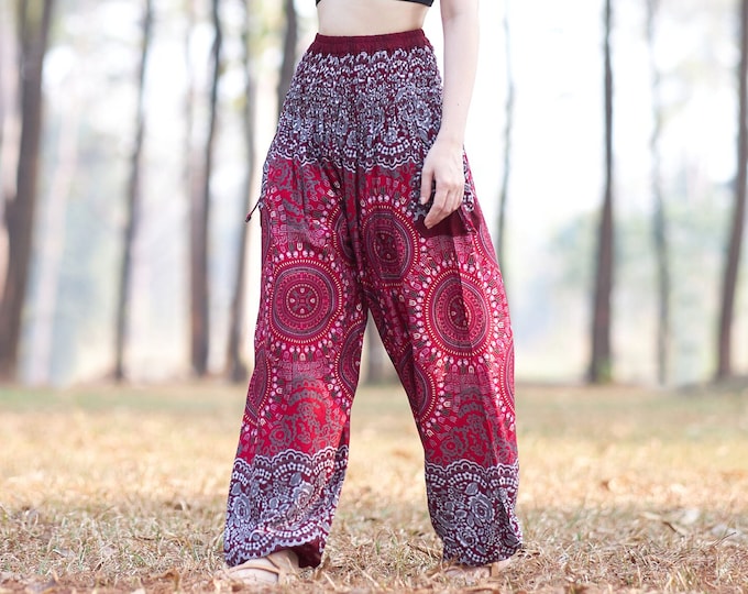Handmade Rayon Harem Pants: Burgundy Boho Yoga Lounge Bottoms