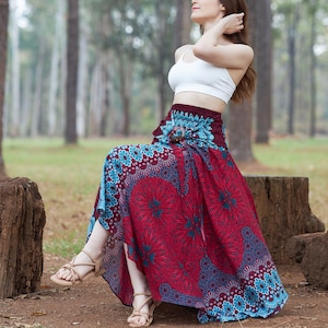 Red Mandala Hippie Skirt: Rayon Boho Maxi Dress