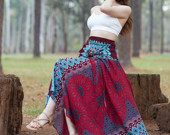 Red Mandala Hippie Skirt: Rayon Boho Maxi Dress