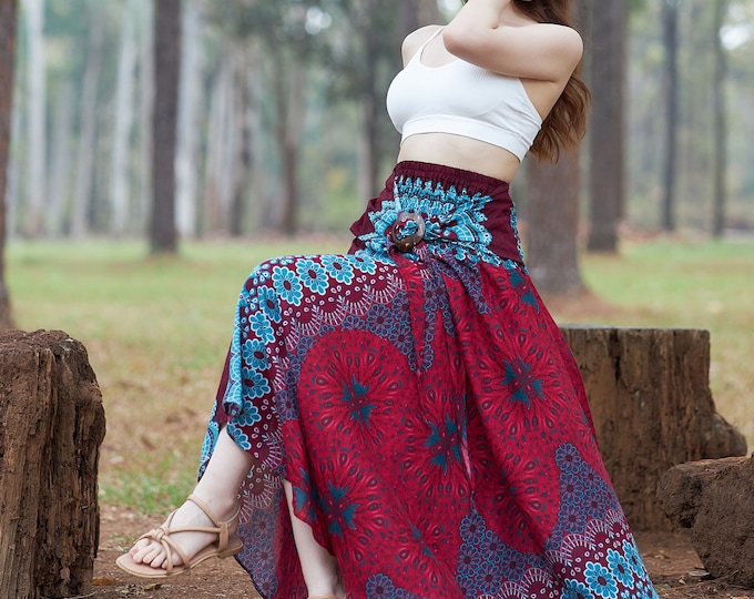 Red Mandala Hippie Skirt: Rayon Boho Maxi Dress