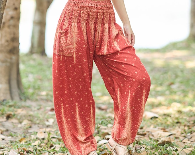 Orange Peacock Feather Harem Pants Women | Boho Yoga Pants | Smocked Waist Rayon Trousers | Lightweight | 2 Pockets | S-XXL | Elastic Ankles