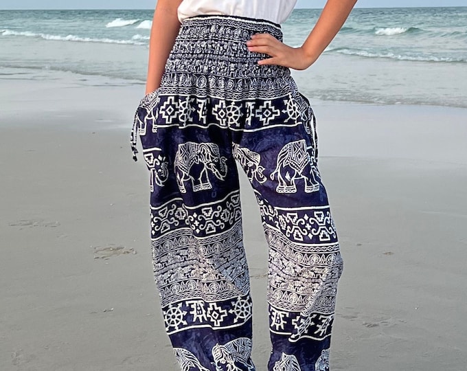 Kids Dark Blue Elephant Harem Pants: Boho Toddler Aladdin Trousers