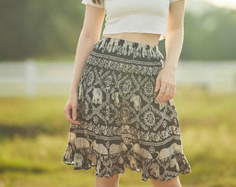 Elephant Print Rayon Boho Skirt: High Waisted Hippie Clothes