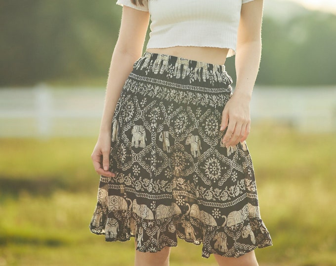 Elephant Print Rayon Boho Skirt: High Waisted Hippie Clothes