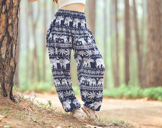 Elephant Harem Pants: Dark Blue Rayon Boho Yoga Lounge Pants with Pockets