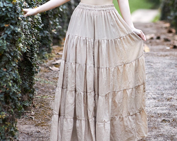Beige Ruffle Cotton Maxi Skirt: Flowy Boho Elastic Waist