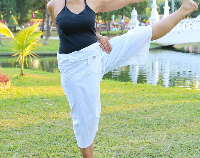 White Cotton Fisherman Pants: Boho Harem Yoga Trousers