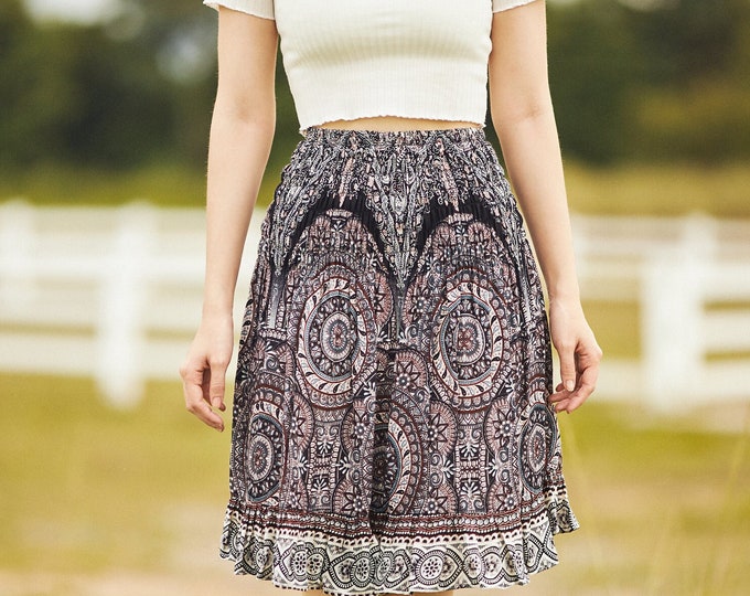 Bohemian Rayon Skater Skirt: Mandala Print High Waisted Mini Skirt