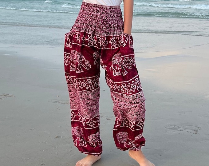 Kids Burgundy Elephant Harem Pants: Smocked Waist Boho Trousers