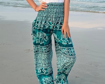 KIDS HAREM PANTS Teal - Ropa de verano cómoda con cintura ahumada - Tallas pequeñas disponibles pantalones para niños pequeños - Pantalones Boho Aladdin para niños