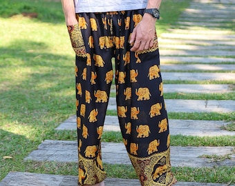Men's Black Elephant Harem Pants: Rayon Boho Lounge Trousers