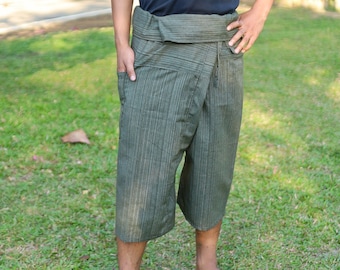 Olive Green Thai Fisherman Pants: 3/4 Length Cotton Yoga Trousers