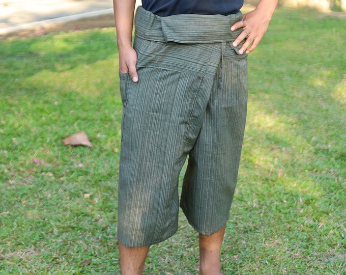 Olive Green Thai Fisherman Pants: 3/4 Length Cotton Yoga Trousers