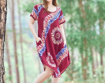 Burgundy Rayon Dress with Pockets: Bohemian Festival Sundress