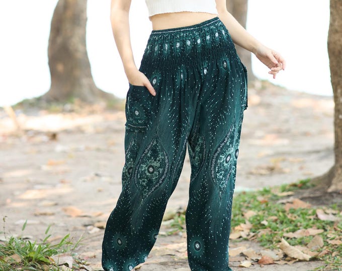 Green Harem Pants for Women - Boho Yoga Pants with High Waist - Hippie Womens Clothing - Thai Pants with Pockets - Floral Boho Pants